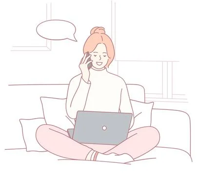 A woman multitasks efficiently, working remotely on her laptop while on a phone Stock Illustration