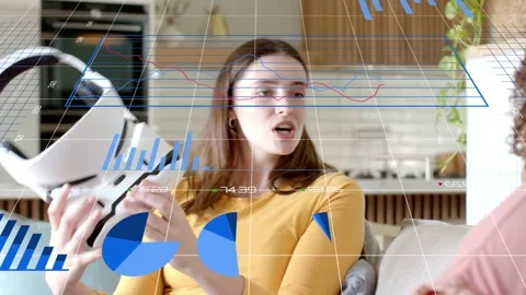 Woman in mustard top testing headset from pal checking wearing VR with blue tech Stock Footage 333221273