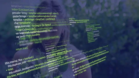 Woman navigating tech code overlay in garden, displaying floating JavaScript Video stock 307885441