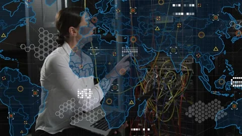 Woman network tech running diagnostics tracing yellow cable reseating ports Stock Footage 333317772