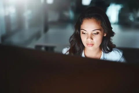 Woman, night and programmer with computer for software development, debugging or Stock Photos