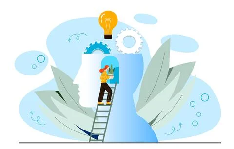 Woman nurturing brain with creativity tools. Vector illustration Stock Illustration