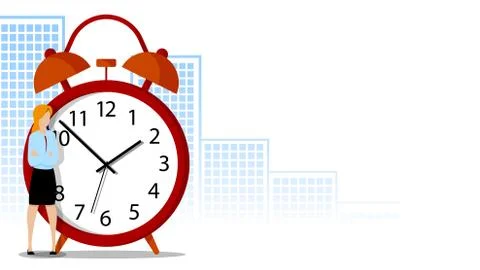 Woman office worker stands brooding about with large alarm clock. Concept Stock Illustration
