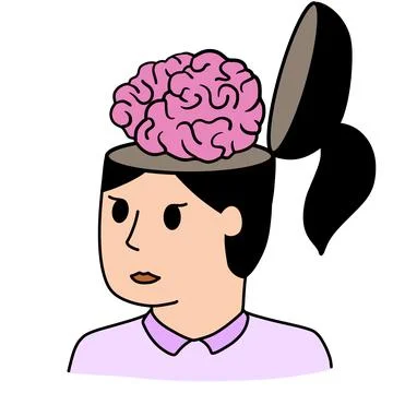 Woman with open mind. Concept of knowledge and learning. Brain in empty head. Illustrazione stock