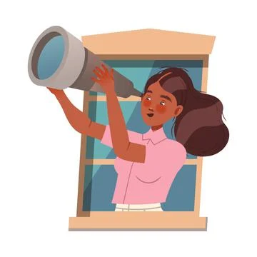 Woman in Open Window Viewing Stars with Telescope Vector Illustration Stock Illustration