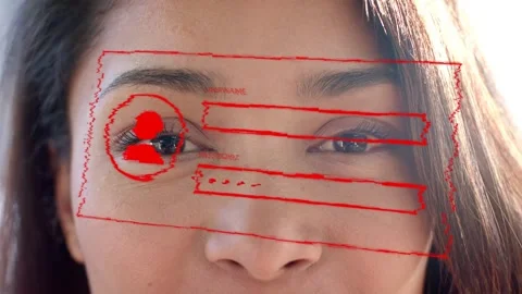 Woman opening eyes and causing red overlay filling username on face, glitching Stock Footage 333689073