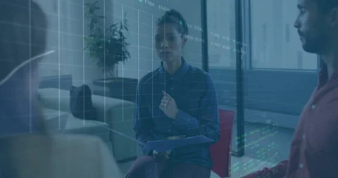 Woman opening folder and pulling laptop while presenting dynamic charts showing Stock Footage 310298791