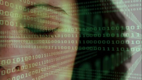 Woman opening her eye with binary code on the foreground Video stock 107407574