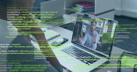 Woman opening laptop joining programming tutorial call with scrolling green code 库存影片 317800796