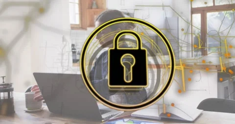 Woman opening laptop sorting docs while padlock icon growing showing data Stock Footage 318626272