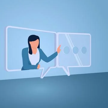 A woman opens a chat bubble that is like a window, an illustration of open .. Stock Illustration