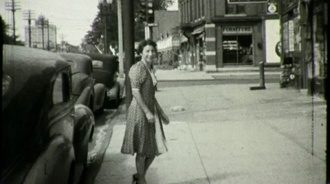 Woman Opens Closes Car Door Walks Sidewalk 1930s Vintage Film Home Movie 1380 Stock Footage