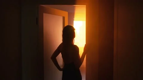 Woman opens door with sun light, black silhouette girl standing in dark room Stock Footage 234729656