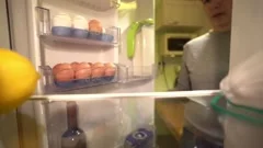 Camera Inside Kitchen Fridge: Man Opens , Stock Video