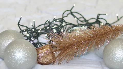 Woman opens gift box remove christmas silver glitter balls,decorative fir tree Stock Footage 220868711