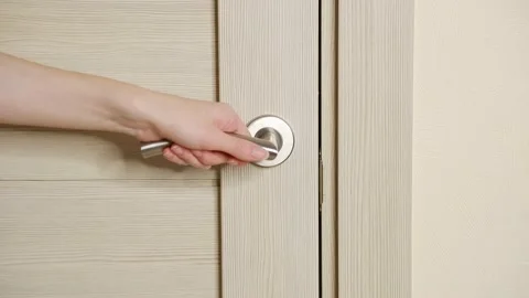 The woman opens the interior door. Interior. Door handle. Stock Footage 167326537