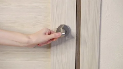 The woman opens the interior door. Interior. Door handle. Stock Footage 167792753