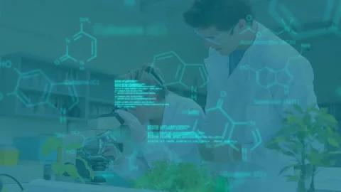 Woman operating microscope examining leaf sample while lab partner pointing code 스톡 동영상 330577322