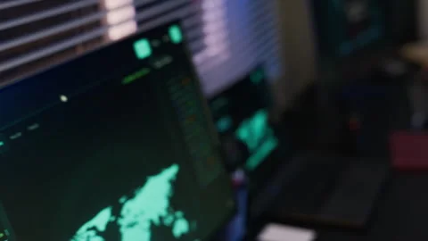 Woman Operator Working in Military Command Center with Global Signal Screen Stock Footage 343739640