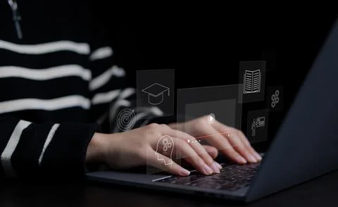 Woman or student using computer for Elearning, Education online, Internet, Foto stock