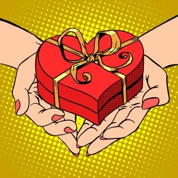 Woman palm shape red heart gift box Valentines day Stock Illustration