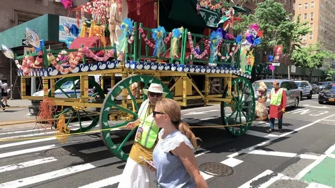 Woman on parade float in Hare Krishna parade New York City NYC Stock Footage 112081046