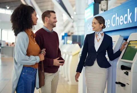Woman, passenger assistant and couple at airport by self service check in Stock Photos