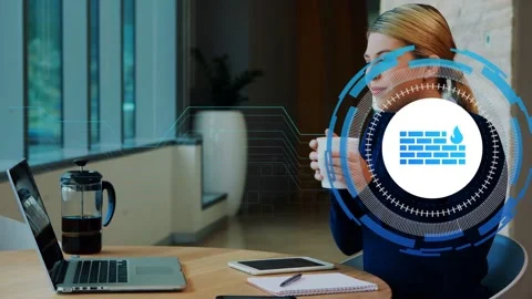 Woman pausing on HUD appearing in tech lounge reaching for mug sipping coffee Stock Footage 334703701
