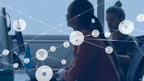 Woman pausing typing, reaching cup, man working as icon appearing and Stock Footage 329786106