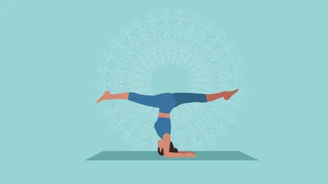 A woman performs an elbow stand on a mat, yoga asana, performs splits. A mandala Stock Footage 219420172