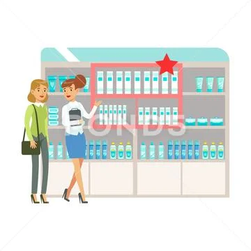 Woman In Pharmacy Choosing And Buying Drugs And Cosmetics On Promotion, Part Of Stock Illustration