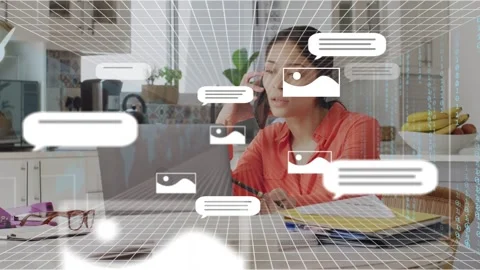 Woman picking up phone while checking work docs, grid, chat bubbles swelling Stock Footage 334703699