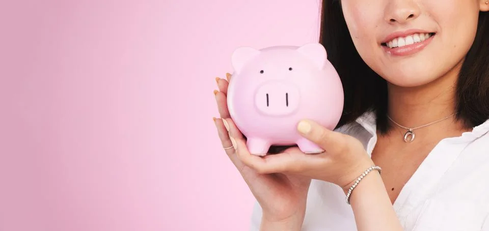 Woman, piggy bank and mockup space in savings, investment or financial growth Stock Photos