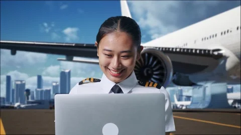 Woman Pilot Smiling And Using A Laptop In Airfield With Airplane Stock Footage 267513567