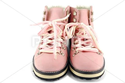 Woman pink hiking boots front view.JPG Stock Photos