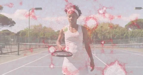 Woman placing ball onto racket strings and initiating bouncing on tennis court Video stock 318689205