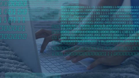 Woman placing hands on keyboard and typing on bed, technology binary overlays Stock Footage 335762053