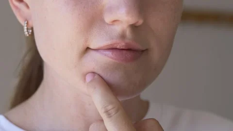 Woman placing hydrocolloid acne patch on chin pimple during skincare routine at Stock Footage 336617440