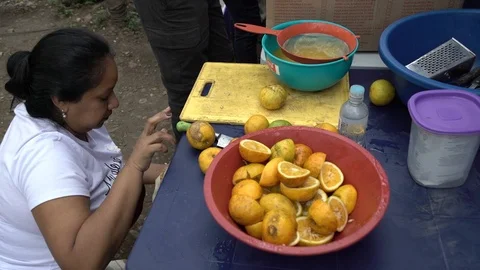 Woman placing oranges on a table Stock Footage 108548296