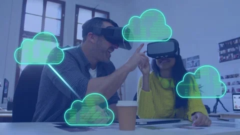 Woman placing VR headset while man adjusting, animated clouds linking to headset Stock Footage 335281698