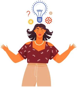 Woman plans strategy, solves issues, creates idea. Girl developing creative 스톡 일러스트
