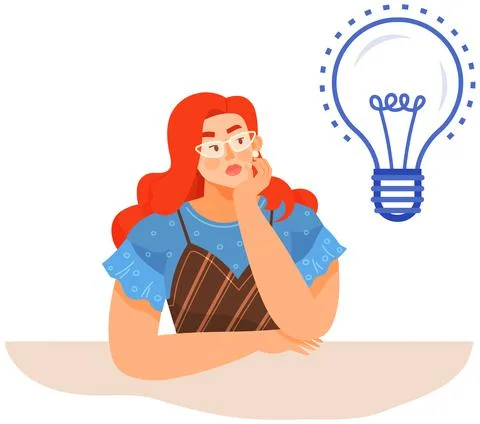 Woman plans strategy, solves issues, creates idea. Girl developing creative Stock Illustration