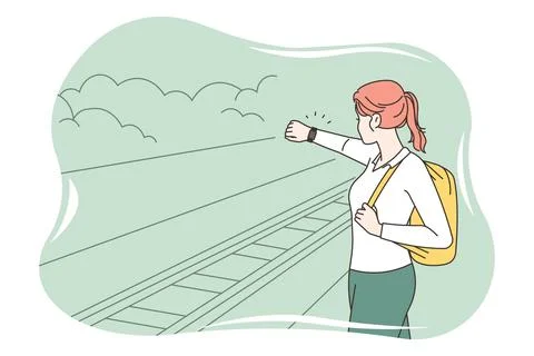 Woman on platform experience train delay Stock Illustration