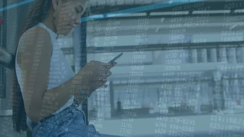 Woman on platform tapping phone, causing numeric code and blue band rising, Stock Footage 331789588