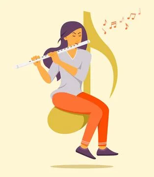 Woman Play Flute while Sit on the Big Musical Note Symbol Stock Illustration