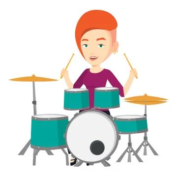 Woman playing on drum kit vector illustration Stock Illustration