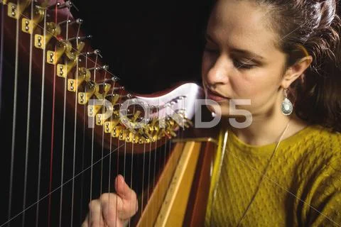 Woman Playing A Harp In Music School