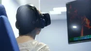 Woman Playing A Virtual Game Of Augmented Reality Via Head Mounted Display Stock Footage