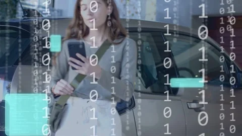 Woman plugging EV charger while authenticating phone to initiate charge, teal UI Stockbeeldmateriaal 335282401