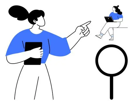 Woman pointing, another seated on table using laptop, large magnifying glas.. Stock Illustration